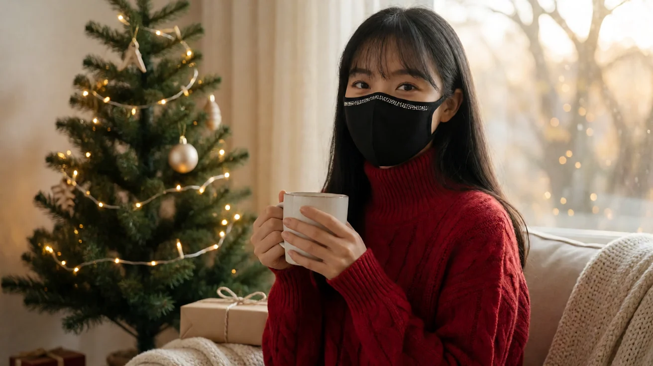 玩偶姐姐《圣诞特辑》主题配图：戴带钻黑口罩的成年女性穿红色高领针织衫，坐在圣诞树与暖色灯串旁捧着白色杯子