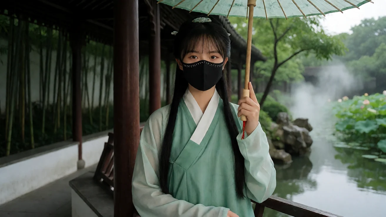 玩偶姐姐《青蛇》主题配图：戴带钻黑口罩的成年女性身穿青绿色汉服，持油纸伞站在江南园林廊下