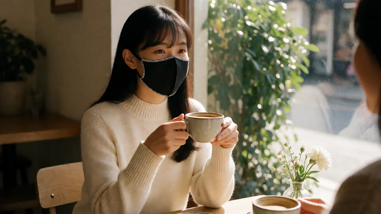 玩偶姐姐《一日女友》主题配图：白色针织衫女性戴带钻黑口罩，在窗边咖啡桌旁与对座人物捧杯交谈