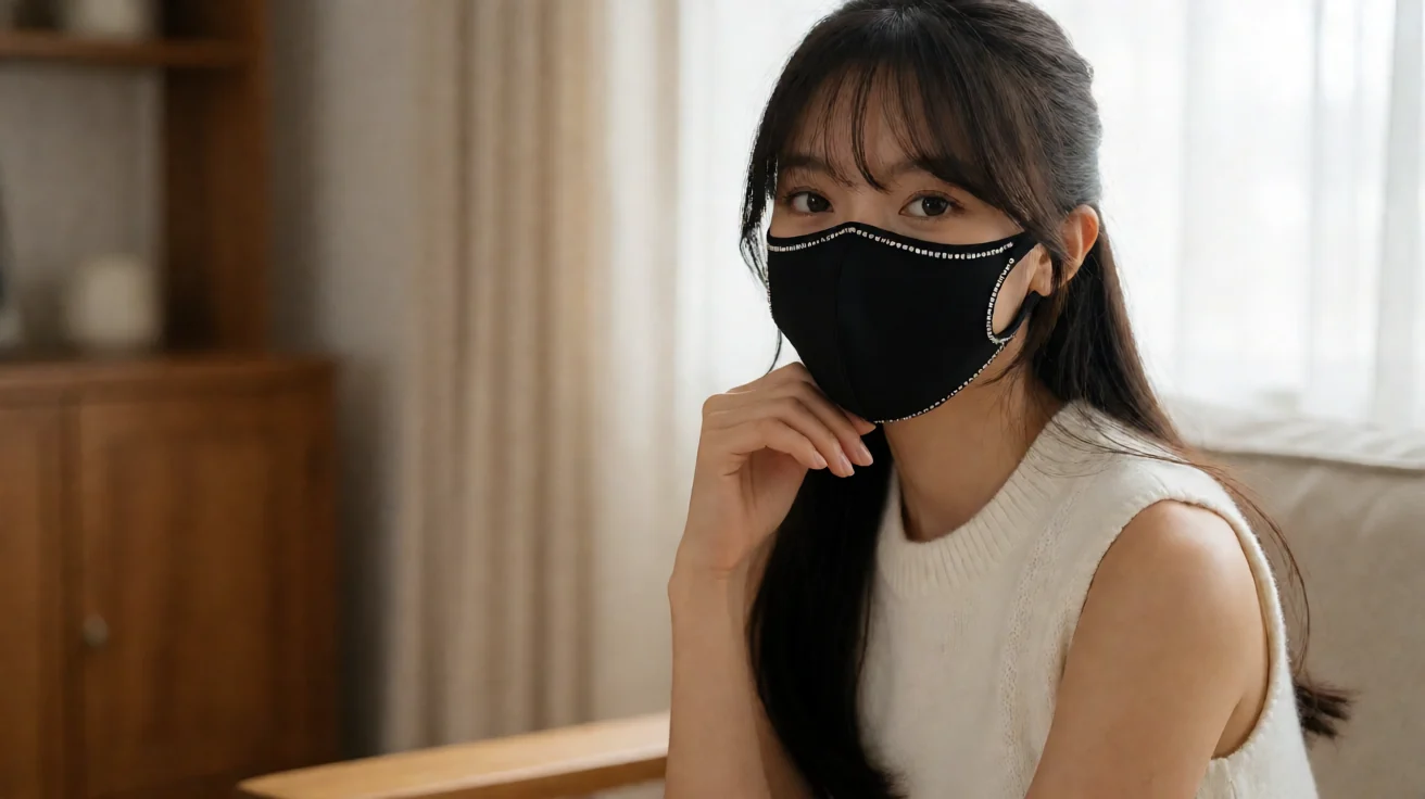 玩偶姐姐专题配图：轻薄刘海、长发与带钻黑色口罩，白色无袖针织服装的窗边人像