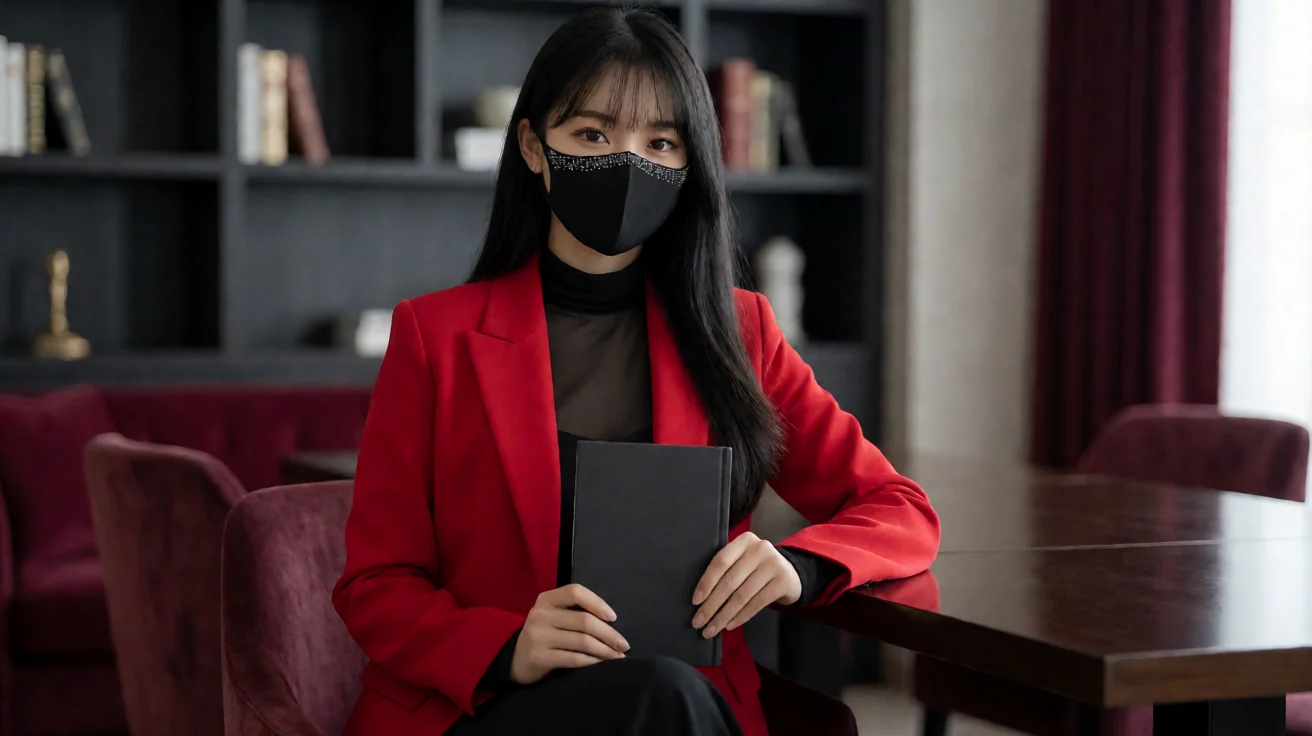玩偶姐姐《蛇喰梦子》主题配图：长发成年女性戴带钻黑口罩，穿红色外套，坐在木桌旁手持黑色书本